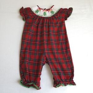 Lil Cactus Red & Green Tartan Plaid Christmas Tree Smocked Playsuit